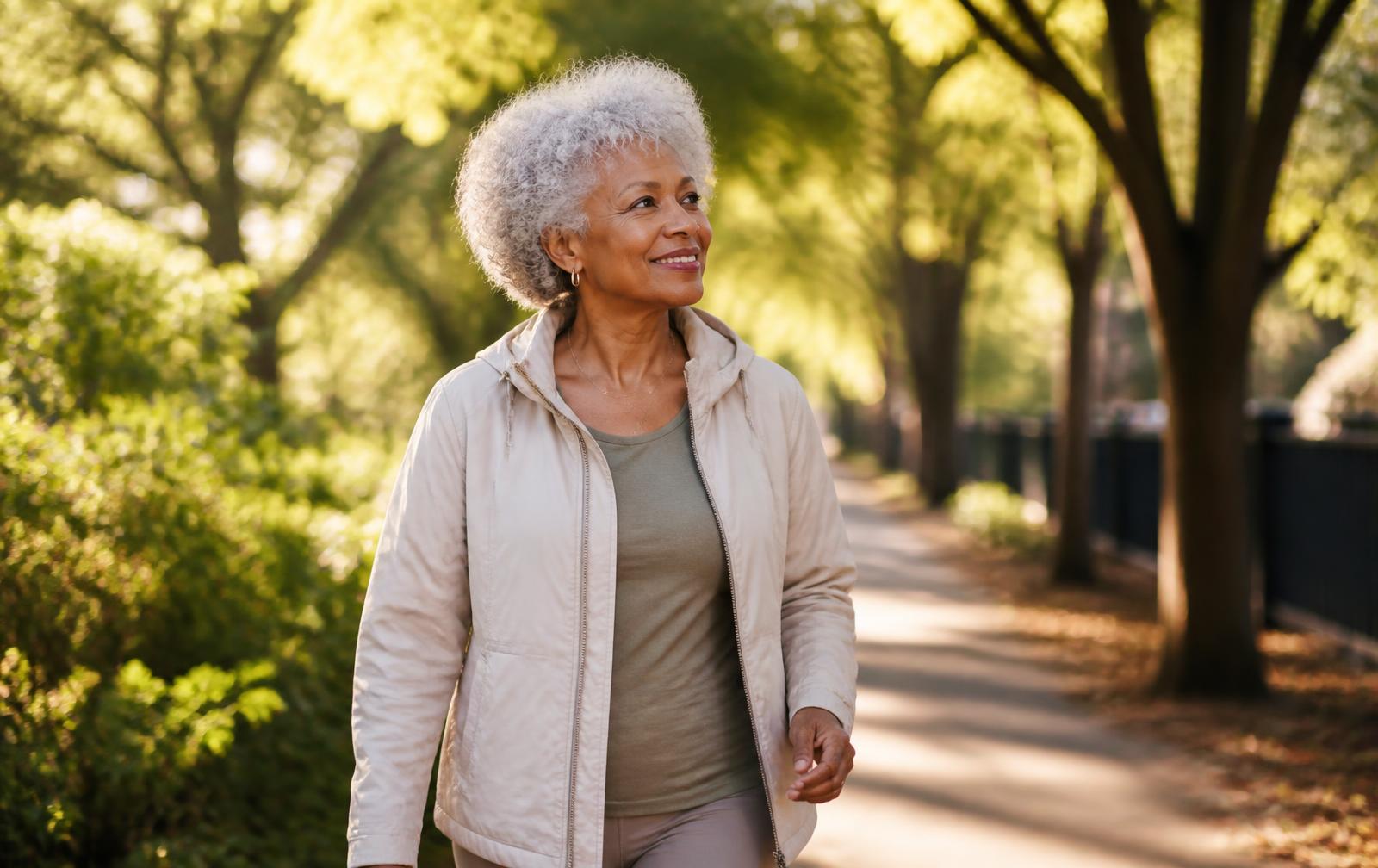 A Black woman in her early seventies walking a sunlit, tree-lined path on a bright morning